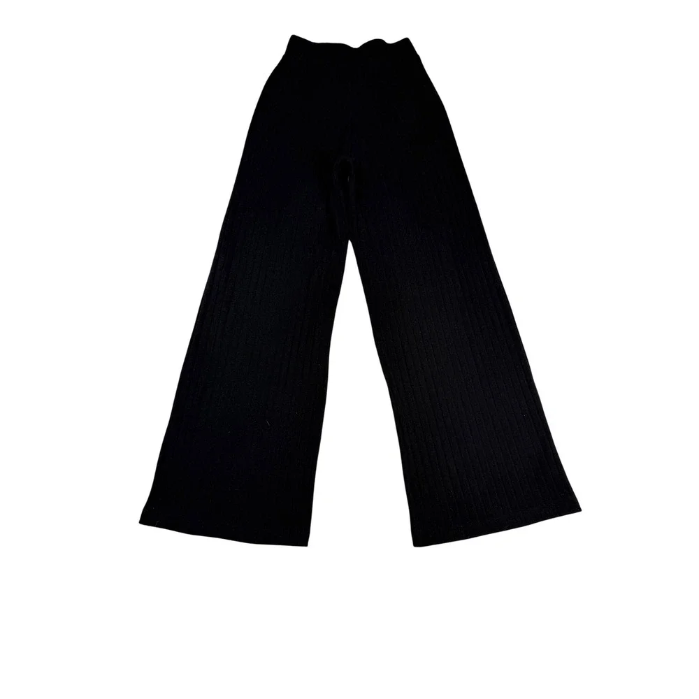 Alo Yoga Black Ribbed Knit Bralette and Wide Leg Pants Lounge Set Womens small